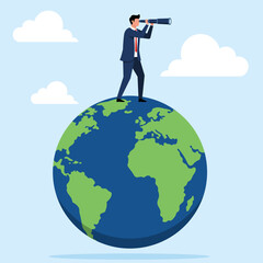 Illustration of a businessman standing on top of the world looking through a telescope, symbolizing global vision and future opportunities.