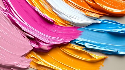 Abstract painting with vibrant hues of pink, orange, blue, and white. Brushstrokes create a dynamic texture