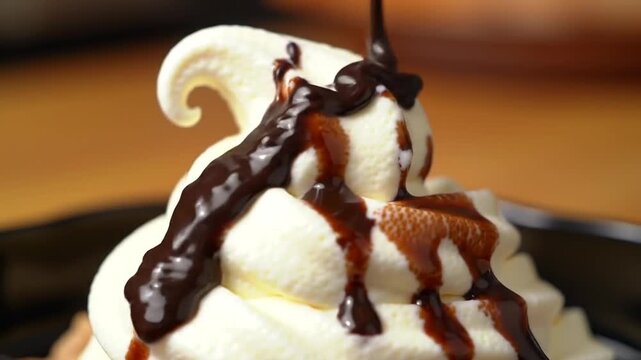 Delightful Soft Serve Ice Cream with Rich Chocolate Sauce Pouring On Top