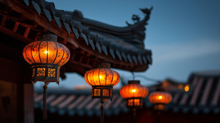 Illuminated Lanterns Under Chinese Roof Eaves