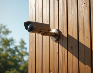 Close-up of a security camera installed on a wooden wall for surveillance