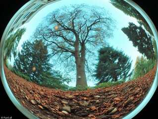 Unique fisheye view of a tree surrounded by autumn leaves and foliage