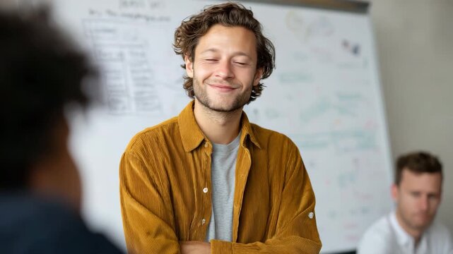 A confident young man is smiling in a learning environment, showcasing a positive demeanor and approachability, ideal for themes around education, mentorship, and collaboration.