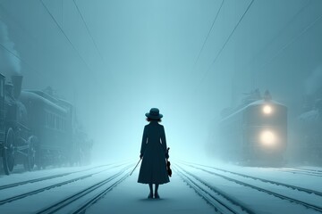 Mysterious Figure in Foggy Train Station with Steampunk Aesthetic, Vintage Trains and Industrial Atmosphere, Cinematic Imagery