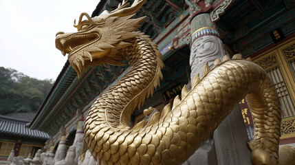 Fototapeta premium Golden Dragon Statue In Korean Temple