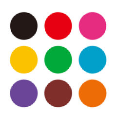 カラフルなギザギザ縁取りの丸型バッジセットアイコン