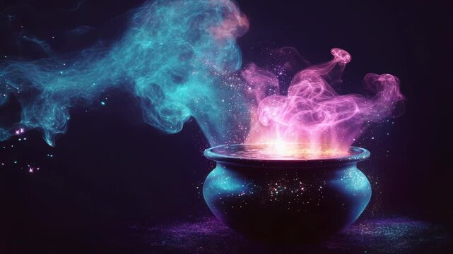 A magical cauldron emitting vibrant, swirling smoke in a dark setting.