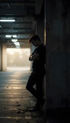 Fototapeta premium Portrait of a sad man leaning against wall in dark alleyway feeling lonely and depressed