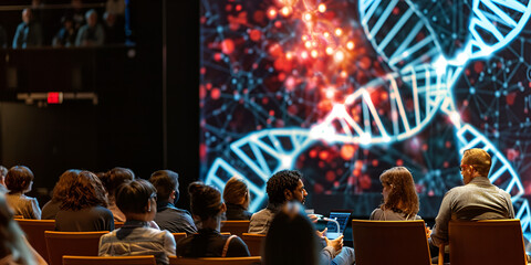 Medical Science Conference with DNA Visualization on Screen, Science Conference with DNA Graphics on Display, Audience at Medical Event Watching DNA Visualization