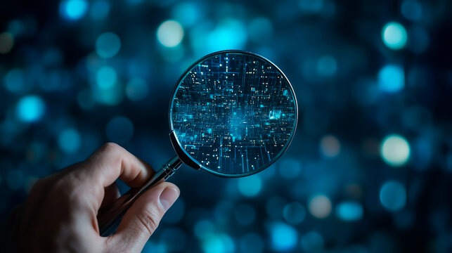 a magnifying glass examining electronic circuit boards with beautiful bokeh - Powered by Adobe