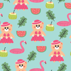 Seamless cartoon wearing a hat bear pattern with summer and watermelon, young coconut. Cute summer wallpaper for fabric prints, wrapping paper.