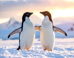 Obraz premium Two penguins facing each other on snow
