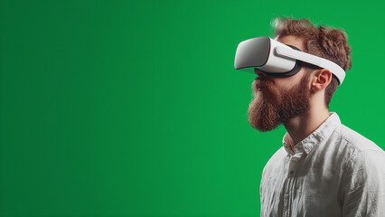 White male wearing VR goggles, copy space