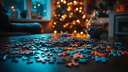 Christmas jigsaw puzzle scattered on a table, bokeh lights in background