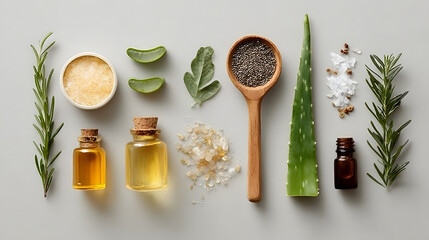 flat-lay composition of natural skincare ingredients including aloe vera and essential oils arranged on clean surface