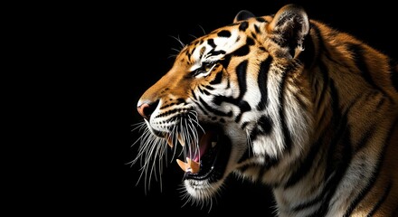 Close-up side profile of a roaring tiger with its mouth open, showcasing sharp teeth and intense expression, captured against a dark background emphasizing its striking fur patterns and fierce presenc