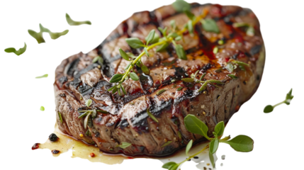 Juicy steak sizzles, garnished with fresh herbs. Food photography, gourmet cuisine, culinary arts. Use for menu design, food blog, marketing materials.