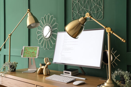 Stylish workplace of programmer with  modern computer in office
