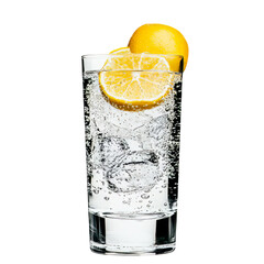 Refreshing Sparkling Water With Lemon And Ice Cubes In A Glass On A White Background. Healthy Summer Drink.