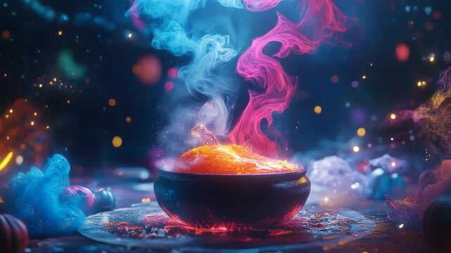 A magical cauldron emitting colorful smoke and sparks in a dreamy setting.