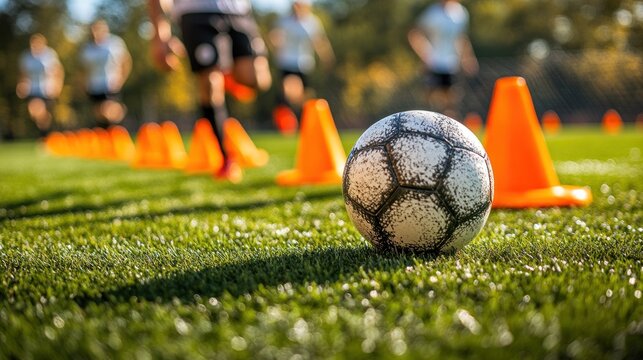Soccer practice. Players in motion, focused on a ball and cones