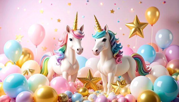 Two unicorns surrounded by colorful balloons and confetti