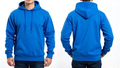 Two views of a royal blue hoodie