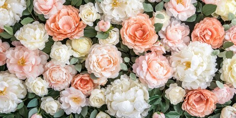 A dense arrangement of large layered peonies in soft pink cream and peach hues with green leaves