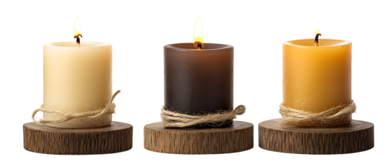 Three Lit Candles In Varying Colors Placed On Wooden Platforms Against Black Background