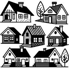 Fototapeta premium Collection of Hand Drawn Black and White Houses and Trees