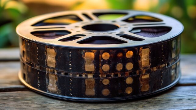 Vintage film reel on wooden surface