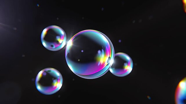 Glossy hyperreal sphere with colorful light reflections floating dark space and black background, vibrant dynamic visual effect with floating light