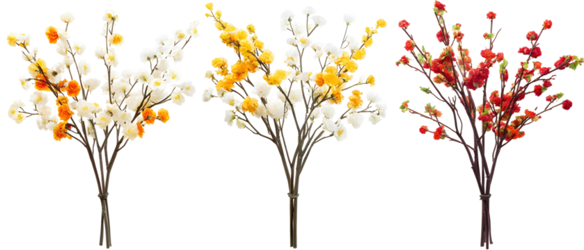 Three Branching Floral Arrangements Displayed Against Transparent Background Featuring White Yellow And Red Blossoms