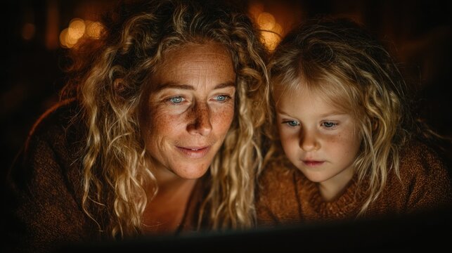Mother and daughter looking at a device
