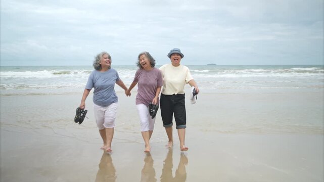 Happy senior women enjoying a playful walk on the beach, laughing and holding hands as they splash through the waves together
