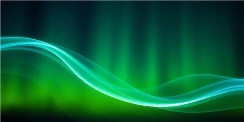 Abstract green and blue light waves flow across a futuristic, smooth background design