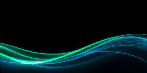 Abstract blue and green backgrounds with flowing lines, light, and wave patterns create a futuristic energy design