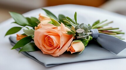 Delicate peach rose boutonniere, tied with gray ribbon, sits on a gray linen napkin
