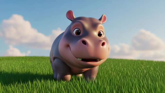 Animated Hippo on Grassy Field with Cloud Background for Children's Content