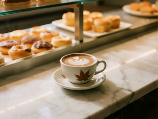 A warm cup of coffee featuring exquisite heart-shaped latte art, served in a white cup with a subtle maple leaf design, set against a backdrop of delicious pastries.