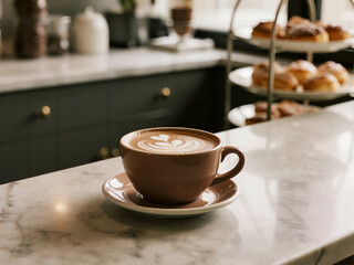 A inviting latte with perfect heart-shaped latte art in a brown cup, prominently displayed on a clean white marble counter within a charming cafe setting.