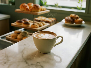 A steaming hot latte with beautiful heart-shaped latte art, displayed on a marble counter, with shelves of various freshly baked pastries in the background.