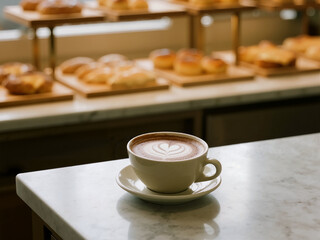 A creamy latte with intricate heart latte art, served in a light-colored cup on a marble counter, with a display of various baked goods in the background.