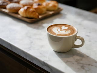 A close-up of a perfectly crafted latte with heart-shaped art, placed on a gleaming marble counter, with an array of croissants and other pastries blurred in the background.