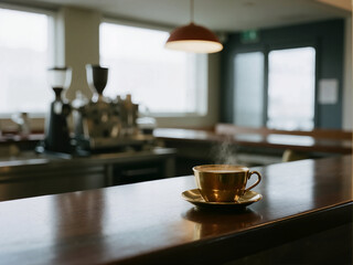 A golden-hued cup of steaming coffee sits on a polished wooden counter in a modern cafe, with blurred coffee machines and bright windows in the background.