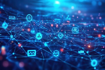 A futuristic network of interconnected nodes and lines with glowing blue and red light effects present