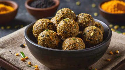 High protein energy balls with black lentils | Urad daal laddu, served in a bowl