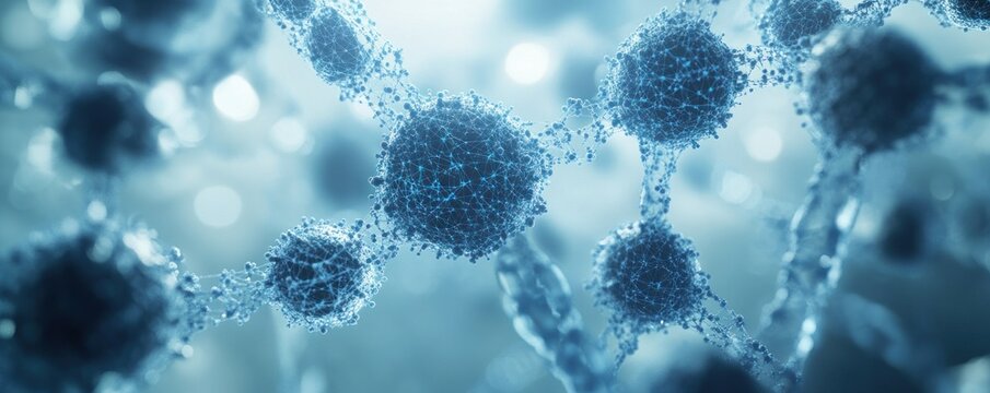 A detailed view of interconnected spherical structures in a blue toned microscopic arrangement image