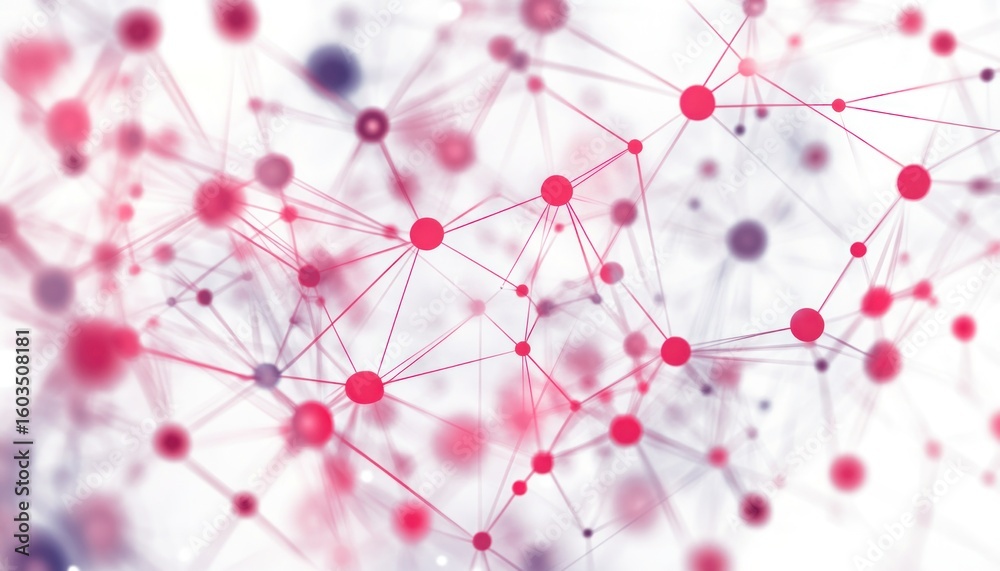 Poster abstract network of red and purple dots connected by lines on a white background creating a complex 
