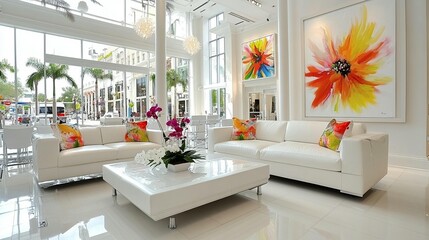 Modern, bright interior design showcasing a large white couch, coffee table, and colorful abstract art pieces.  Large windows offer city views